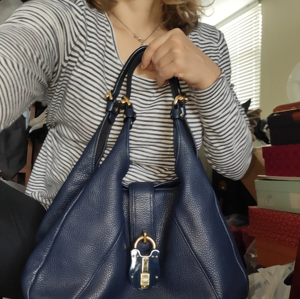 LOEWE Calle Navy Gained Leather Hobo Bag